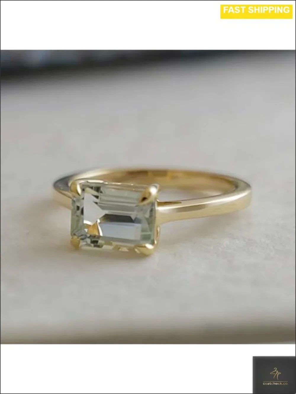 Green Amethyst Baguette Ring 925 Sterling Silver Gold Plated East-West